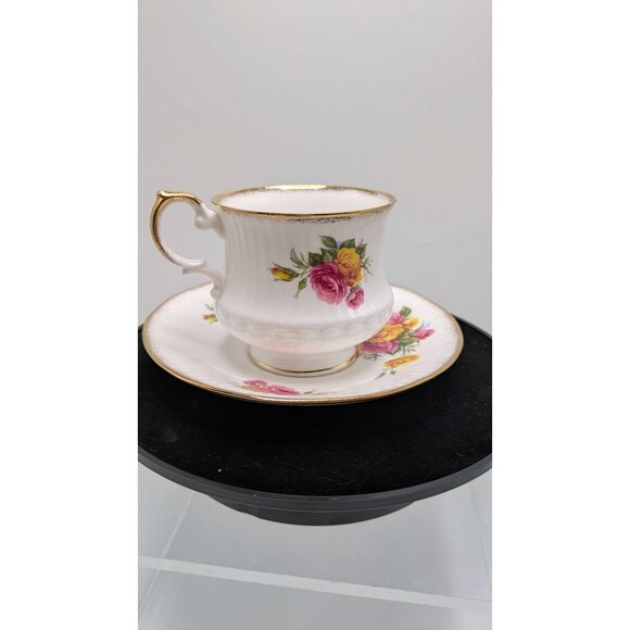 ROYAL DOVER Bone China Footed Teacup Saucer Gold Trim Cottage Rose Elegant - Picture 14 of 16